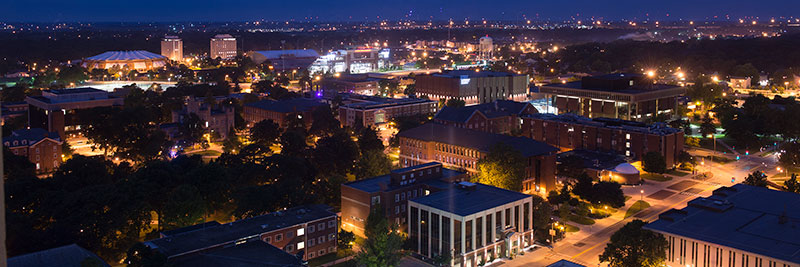 Night view of ISU from a overview angle with lights glowing