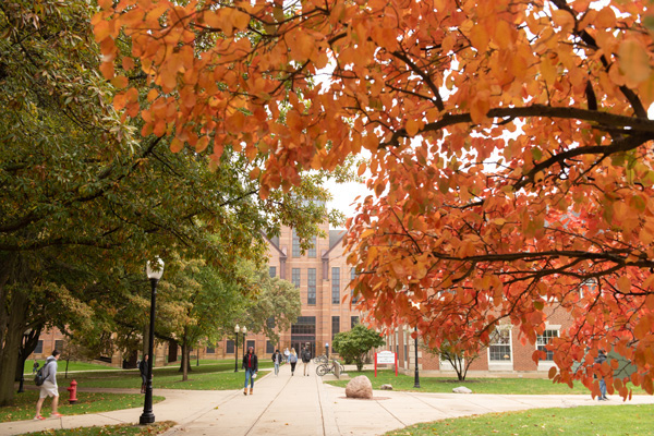 The quad with fall leaves on trees.