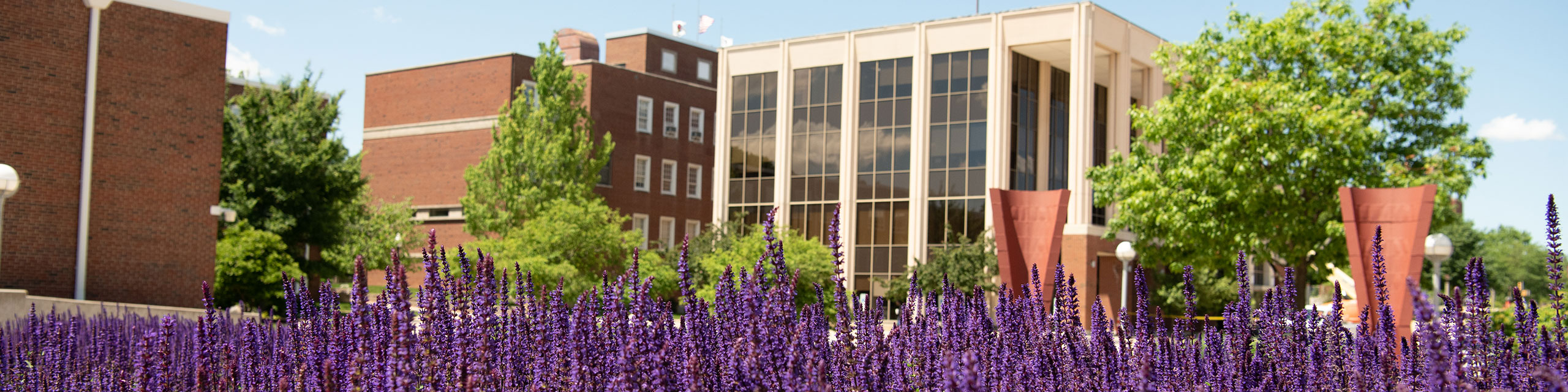 Campus buildings framed by dense purple flowers, green trees, and two reddish-orange geometric structures.